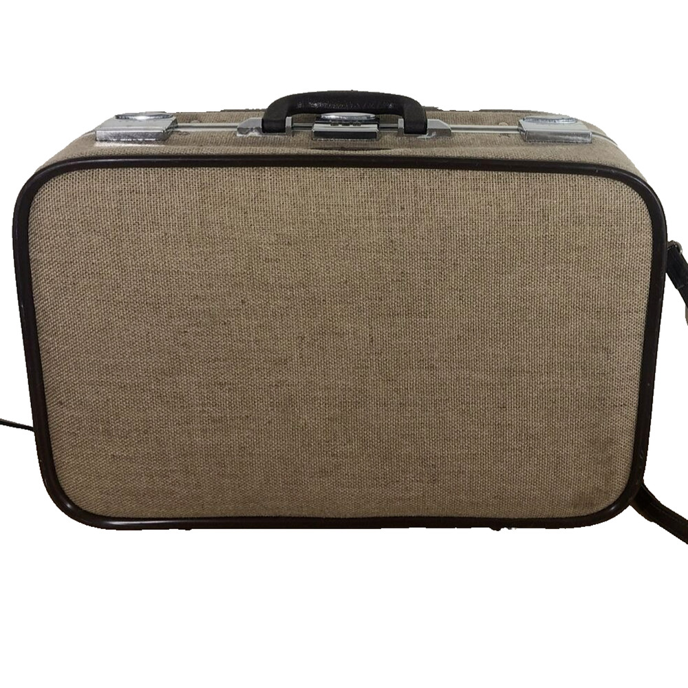 Vintage Skyway Luggage Tweed Suitcase 1970s Light Brown/Cream Color Handle Strap